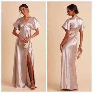 NEW Birdy Grey Jesse Kimono Shiny Satin Bridesmaid Dress in Taupe Size Medium